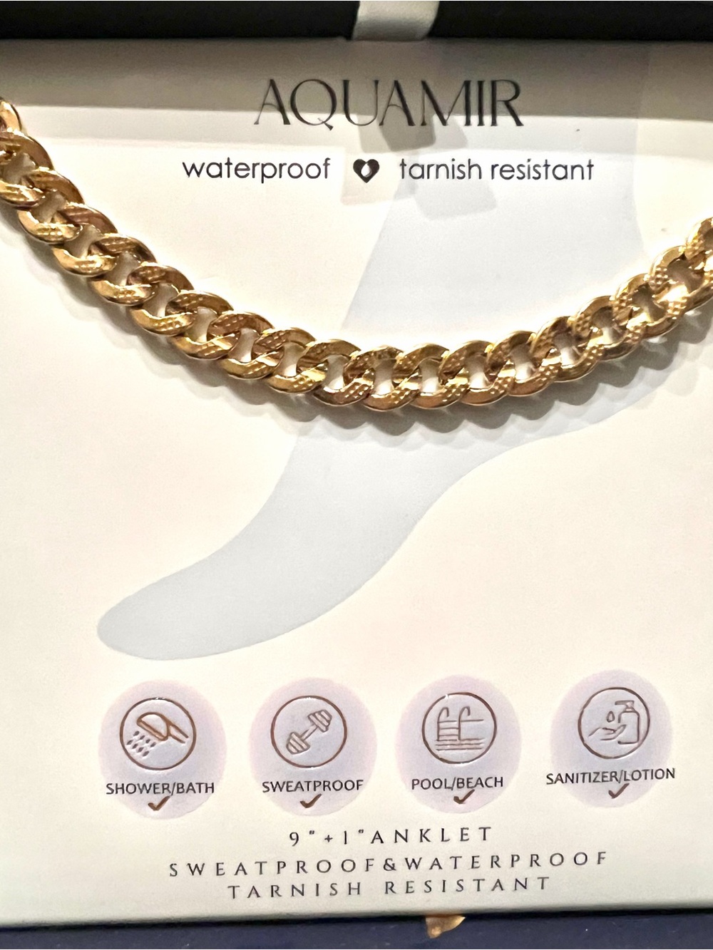 NEW AQUAMIR 14kt Plated Gold Curb Chain Anklet. 9” long.